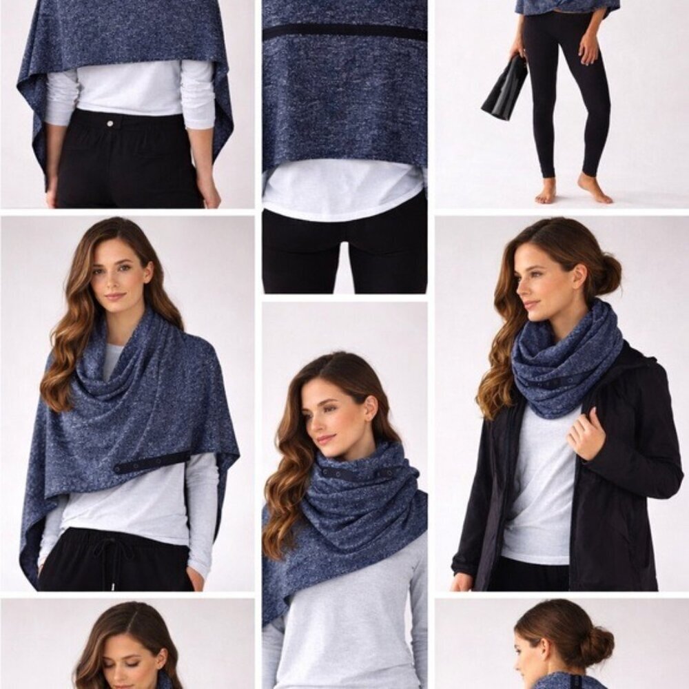 Lululemon Snap Scarf Wrap Navy Marled OS Poncho Athleisure Cozy - Picture 3 of 14